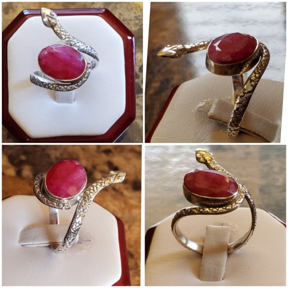 Genuine 5ct Natural Ruby Snake Ring Size 9 - Picture 2 of 6
